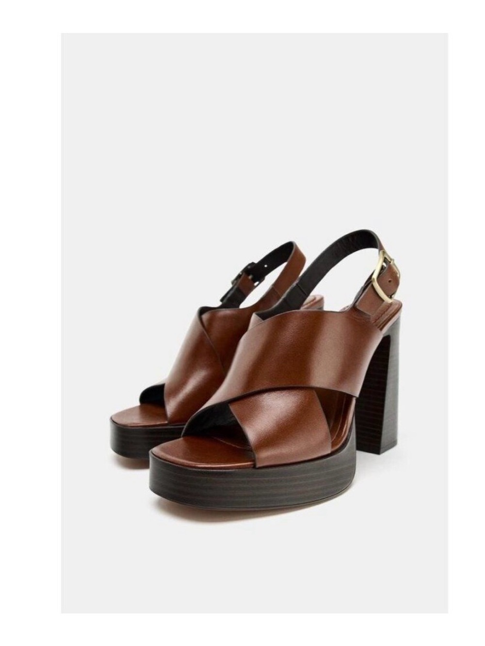 Zara Brown Leather Platform Slingback Heels